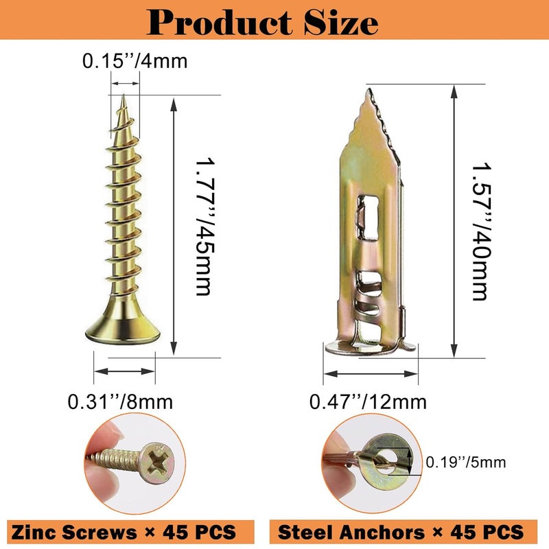 Sunxeke 90 Pcs Self Drilling Drywall Anchors with Screws,45 Sheetrock Anchors (0.47x1.57 inch) & 45 Zinc Expansion Screws,2025 Upgraded Zinc Plated Steel,No Drill Needed,Perfect for Wall Hanging - Image 2